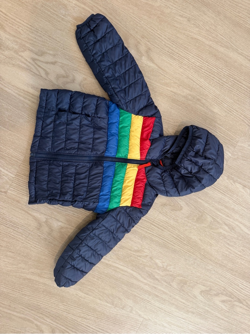 Primary Navy Hooded Puffer with Rainbow Chest Stripes